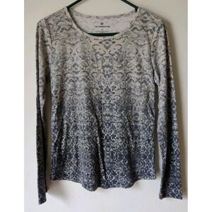 Liz Claiborne Top Long Sleeve Round Neck‎ Cotton Blend Size M Beige/Navy Blue